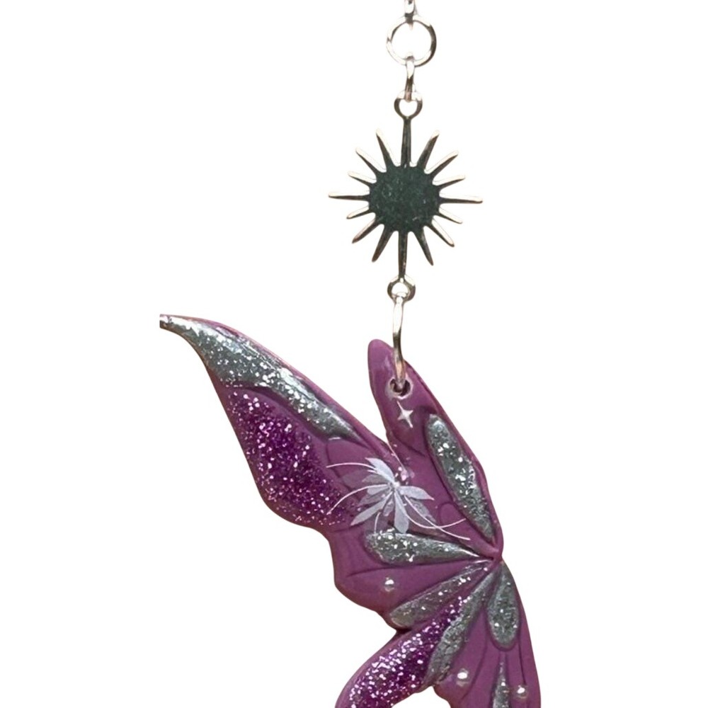 Purple and Silver Polymer Clay Handmade Earrings Fairy Wing Glitter Pearls